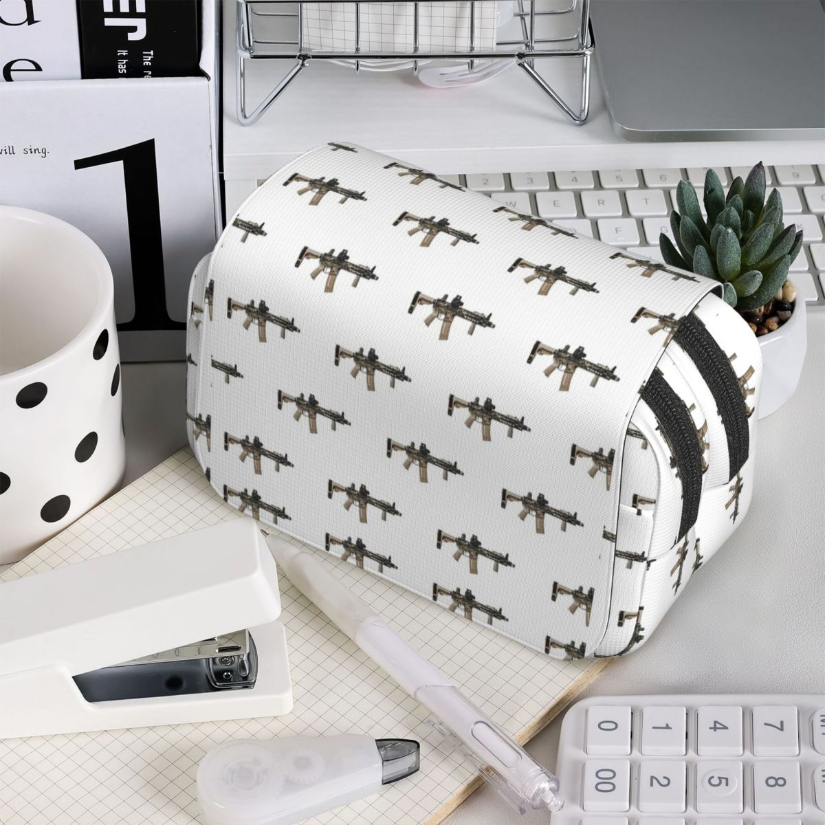 Tan Stationery & Office Supply - Trousse à crayons blanche motif camouflage